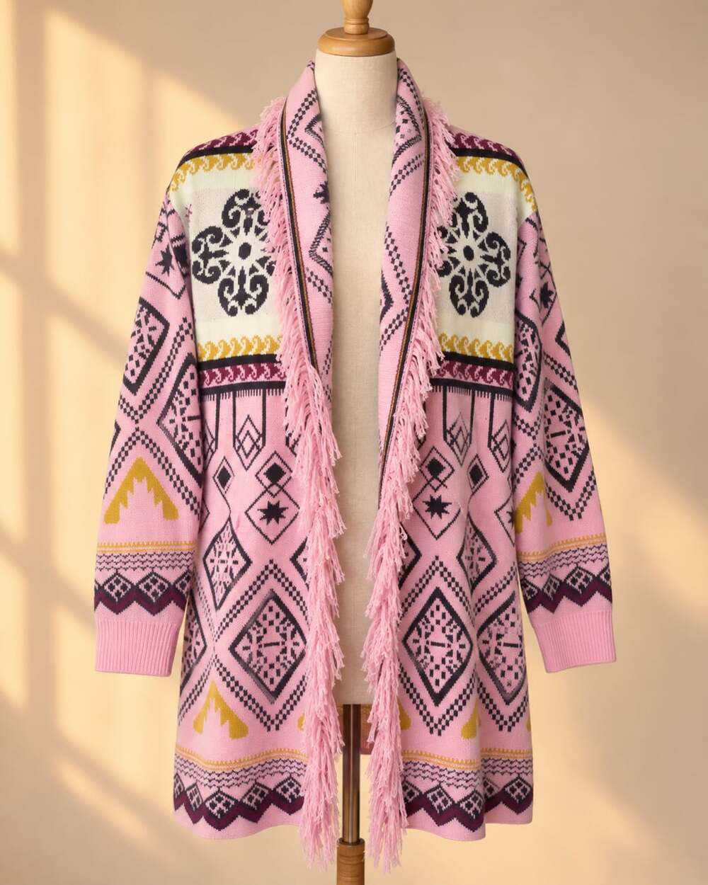 Bohemela Pink Evil Eye Boho Fringe Cardigan L Oversized Western Festival Knit